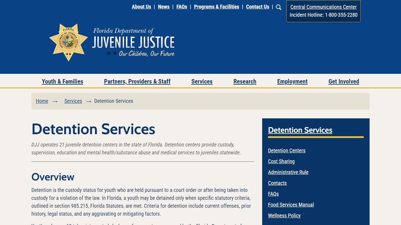 Detention Services | Florida Department of Juvenile Justice